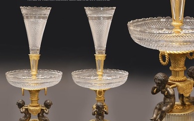 A PAIR OF FRENCH BACCARAT CUT CRYSTAL FIGURAL BRONZE CENTERPIECES