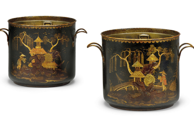 A PAIR OF FRENCH TOLE PEINTE CACHE-POTS, POSSIBLY SECOND HALF 18TH CENTURY