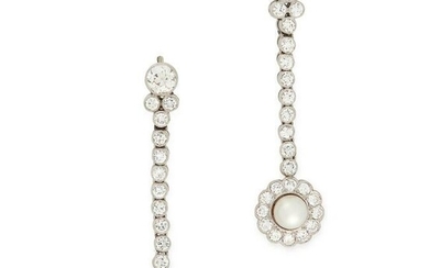 A PAIR OF NATURAL PEARL AND DIAMOND DROP EARRINGS in