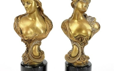 A Pair of 19th C. Bronze & Marble Busts, Signed