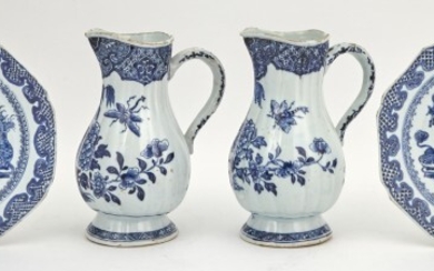 A Pair of Chinese Blue and White Porcelain Jugs; Together with a Pair of Blue and White Porcelain Plates