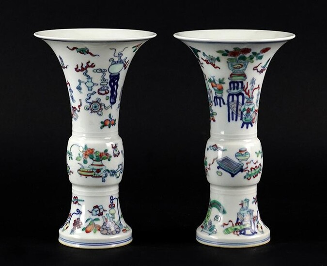 A Pair of Chinese Doucai Porcelain Gu Form Vases.