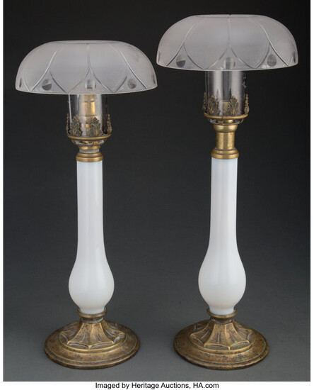 A Pair of Frech Brass and Opaline Glass Table Lamps