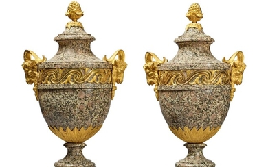 A Pair of Louis XVI Style Gilt Bronze-Mounted Mottled Grey and Pink Granite Covered Urns, 19th Century