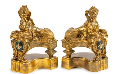A Pair of Regence Style Gilt-Bronze Sphinx-Form Chenets