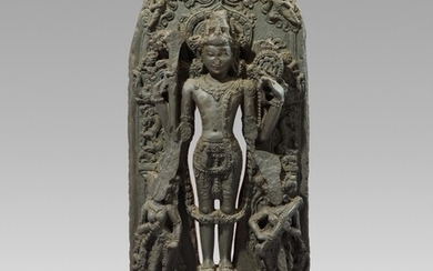 A Pala-style blackened stone stele of Vishnu. Northeastern India, Bihar, possibly 12th century