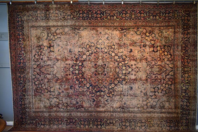 A RARE ANTIQUE CIRCA 1910s PERSIAN MASHHAD DORUKHSH CARPET. 100% HAND-SPUN WOOL. NATURAL DYES. ANTIQUE PILE. EXHIBITED AT THE 2018 T...