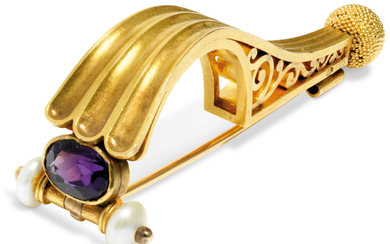 A RARE PEARL AND AMETHYST GOLD BROOCH IN THE SCYTHIAN STYLE, BY FABERGÉ, WITH THE WORKMASTER'S MARK OF ERIK KOLLIN, ST PETERSBURG, CIRCA 1890, SCRATCHED INVENTORY NUMBER 33040