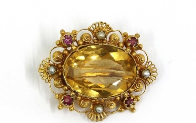 A Regency gold citrine, split pearl and ruby brooch