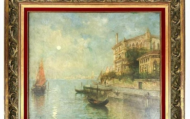 A. Rodetti (Italian, 19th C) Oil on Canvas Venetian Waterfront by Moonlight