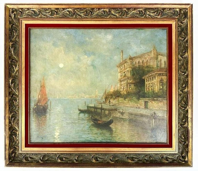 A. Rodetti (Italian, 19th C) Oil on Canvas Venetian Waterfront by Moonlight