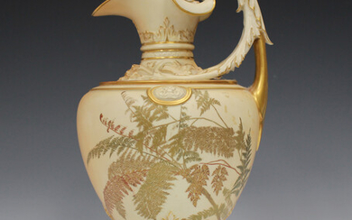 A Royal Worcester blush ivory ewer, circa 1890, decorated with gilt enriched fern fronds, the high s
