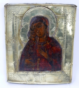 A Russian icon of the Vladimirskaya Mother of God, tempera o...