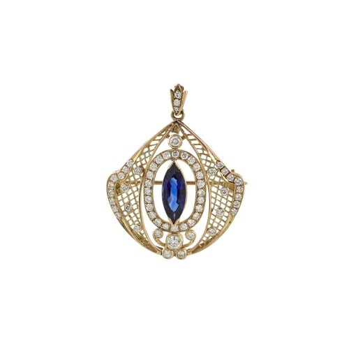 A SAPPHIRE AND DIAMOND PENDANT, the marquise cut sapphire to...