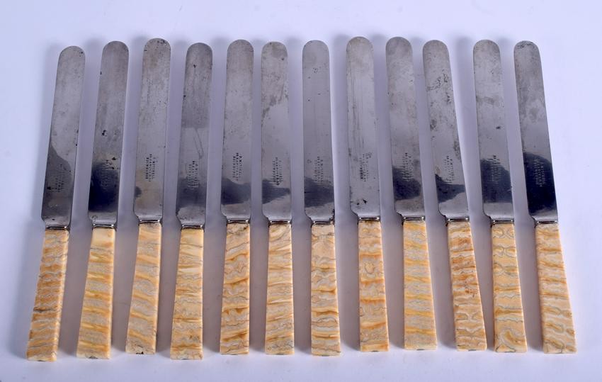 A SET OF TWELVE MAMMOTH TOOH HANDLED KNIVES. 24.5 cm