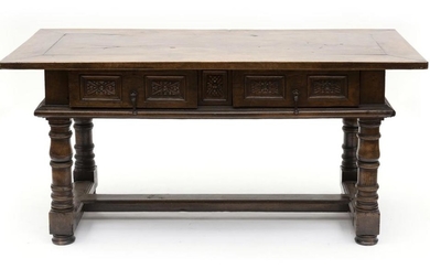 A SPANISH WALNUT SIDE TABLE WITH TWO DRAWERS, IN THE 18TH CENTURY MANNER. 81CM H X 170CM L X 80CM D