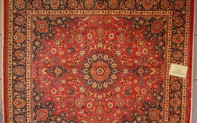 A SUPERB RARE SIZED PERSIAN MASHHAD CARPET, 100% SOLID AND DENSE WOOL PILE IN MAGNIFICENT CONDITION, INSCRIBED BY WEAVER 'SABET-GHAD...