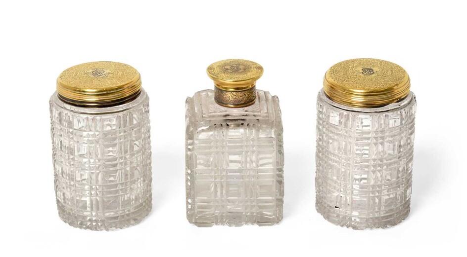 A Set of Three Victorian Silver-Gilt Mounted Cut-Glass Dressing-Table Jars Maker's Mark TD, London, 1838