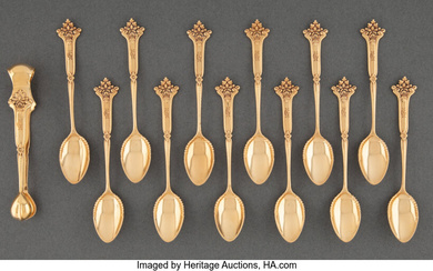A Set of Twelve Tiffany & Co. 18K Gold Demitasse Spoons with Sugar Tongs (1907-1947)