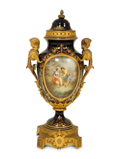A Sevres Style Porcelain Gilt Bronze Mounted Covered Urn