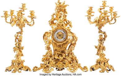 A Three-Piece French Louis XV-Style Gilt Bronze Garniture with Mantel Clock and Pair of Six-Light Candelabra