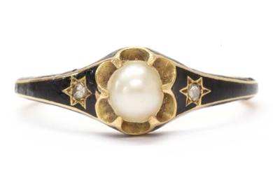 A Victorian gold enamel, split pearl and diamond memorial ring