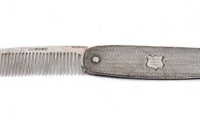 A Victorian silver folding comb, Birmingham, 1843, Francis Clark, the engine turned case/handle with shield cartouche engraved 'C. Poile, Rye', 1843, case 9.9cm long, approx. weight 1.7oz