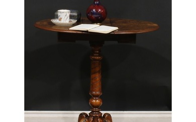 A Victorian walnut occasional table, quarter-veneered oval t...