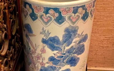 A Vintage Chinese Blue & White Ceramic Umbrella Stand Depicting Sakura & Bird Motifs, Republic Period