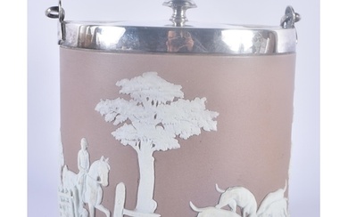 A WEDGWOOD PORCELAIN BISCUIT BARREL with silver plated mount...