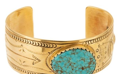 A Wide Turquoise Carlos White Eagle Cuff in 14K
