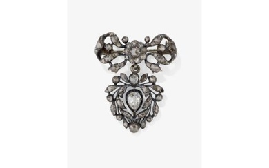 A bow-shaped brooch with a heart-shaped pendant set with diamonds - Probably France, circa 1750-1760