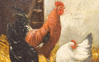 A. de Bunroy (XIX-XX) - Kippen en haan in stal