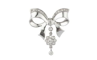 A diamond bow brooch, the stylised ribbon bow edged with...