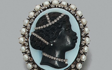 A diamond, pearl, gold blackamoor cameo brooch, circa 1860 It represents a black woman ardoned with jewels and a hairpiece on a b...