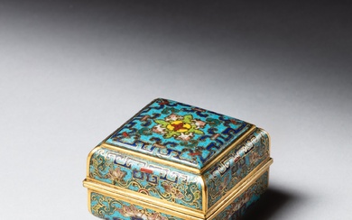A gilt-bronze and cloisonné enamel 'lotus' box and cover, Qing...