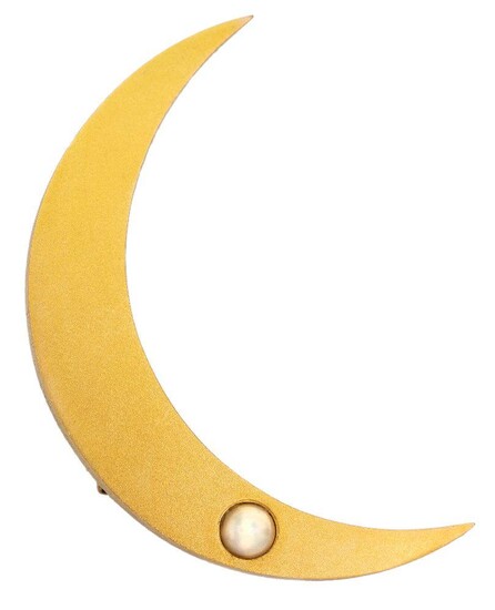 A gold and half-pearl single stone crescent brooch, designed as a crescent moon accented with a single half-pearl, cased, c.1890