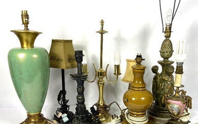 A group of assorted decorative table lamps, including a French style gilt metal urn lamp base and an