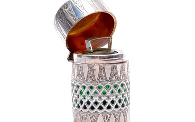 A hallmarked silver cylindrical scent bottle in the aestheti...