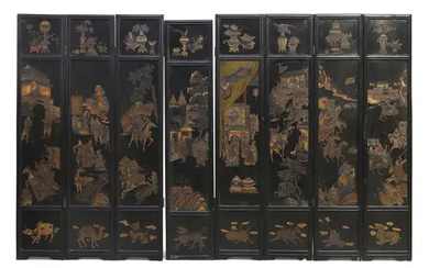 A large Chinese eight section folding screen Republic period Carved and painted...
