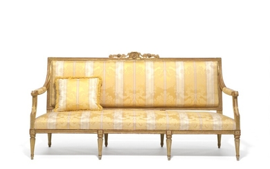 A large Gustavian giltwood sofa. Stockholm, late 18th century. H. 105 cm. L. 200 cm. D. 65 cm.