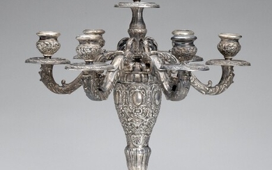 A large silver seven-light candelabra
