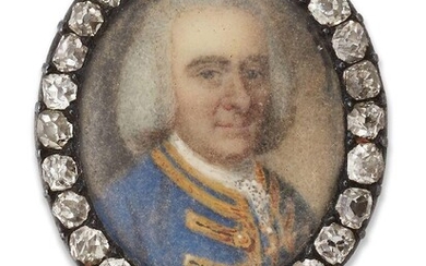 A late 18th century gold and silver mounted, diamond portrait miniature brooch, painted on ivory depicting a gentleman quarter-length turned to the right in a blue frock coat, oval, within old-mine-cut diamond border, c.1790, approximate dimensions...