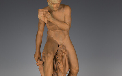 A late 19th century Danish Grand Tour terracotta figure of the seated Mercury, holding panpipes and