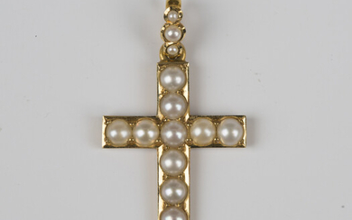 A late Victorian gold and half-pearl pendant cross, the back presentation inscribed, detailed '