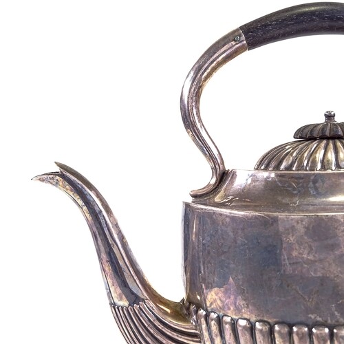 A late Victorian silver spirit kettle on stand, half-fluted ...