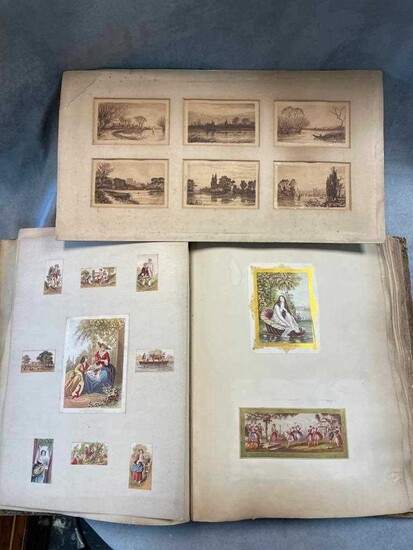 A mid-19th century print scrap book, containing portraits and figures, animals, scenery and