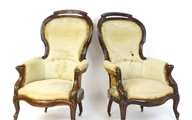 A pair of 19thC mahogany armchairs for re-upholstery, the ch...