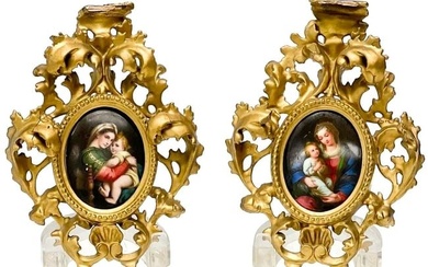 A pair of Antique Hand Painted Porcelain Plaques of Madonna and Child Framed circa 1900
