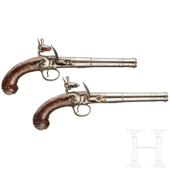 A pair of British Queen Anne flintlock pistols, Wilson
